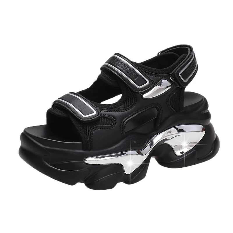 Women Chunky Sandals Sequin Summer Designer Open Toe Hook Loop Slippers 7CM High Heels Mesh Sandals Casual Woman Wedges Sneakers