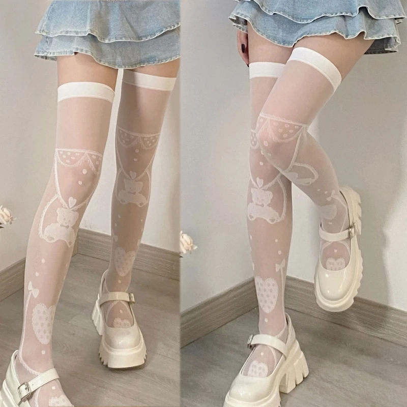 

Women Lolita Silky White Thigh High Stockings Japanese Sweet Heart Cartoon Bear Jacquard Pattern Cosplay Over Knee Socks