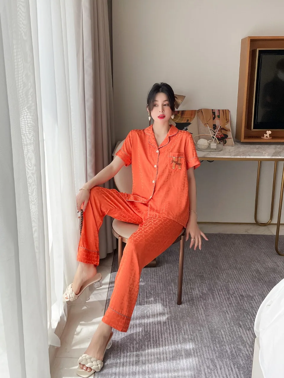 [Women's pajamas] [high-quality]2023 New Pajamas Women's Summer Short Sleeve Long Pants Jacquard Set Large Homewear