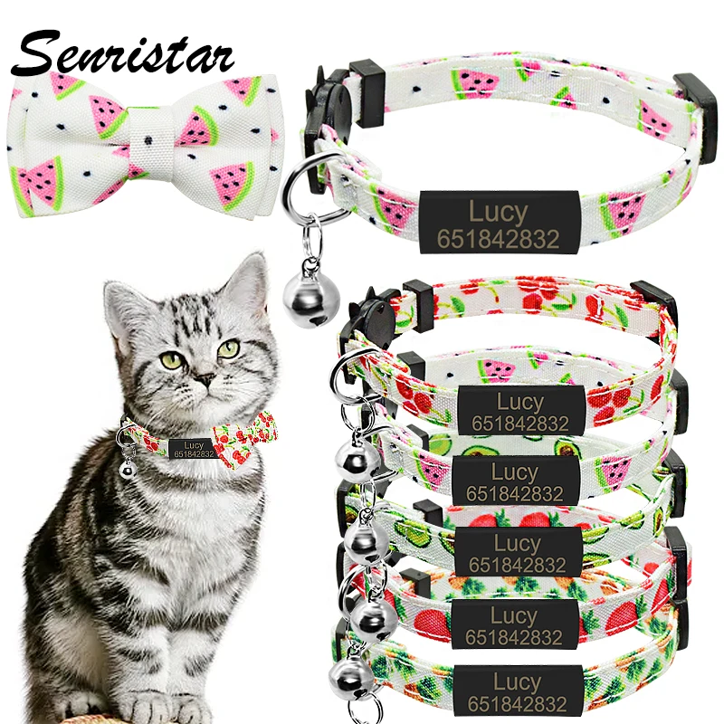 

Personalized Bow Tie Cat Collar with Name Custom ID Name Tag Cute Fruit Bowknot Cat Collar Bell Engraving Nameplate Cat Necklace