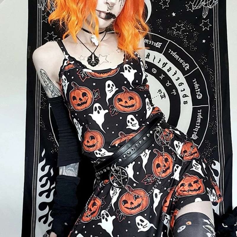 

Cute Ghost Pumpkin Print Halloween Holiday Party Dresses Women Gothic Punk Spaghetti Strap Sexy Vintage Mini Cami Dress