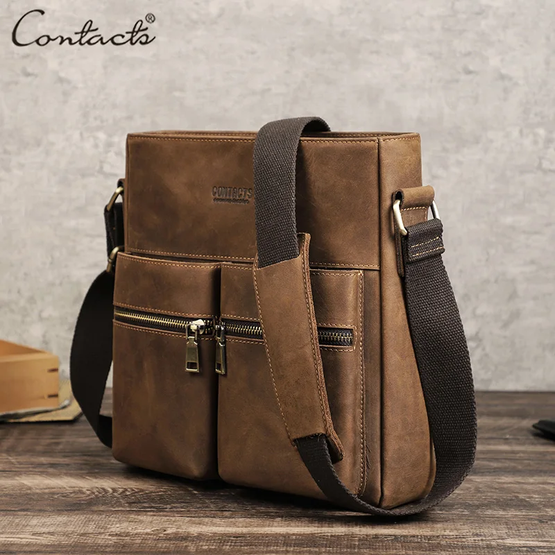 CONTACT'S Men Shoulder Bags Luxury Designer Vintage Genuine Leather Crossbody Messenger Bag Large Male Handbag for iPad 10.9''