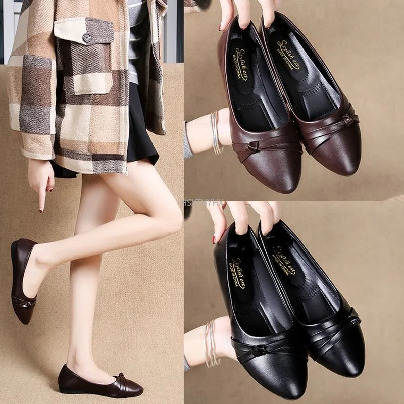 Women's Casual Flats Pointed Toe Moccasins Ballet 2022 Shoes Ballerina Loafers Non-slip PU Spring Autumn Black Brown Large Size