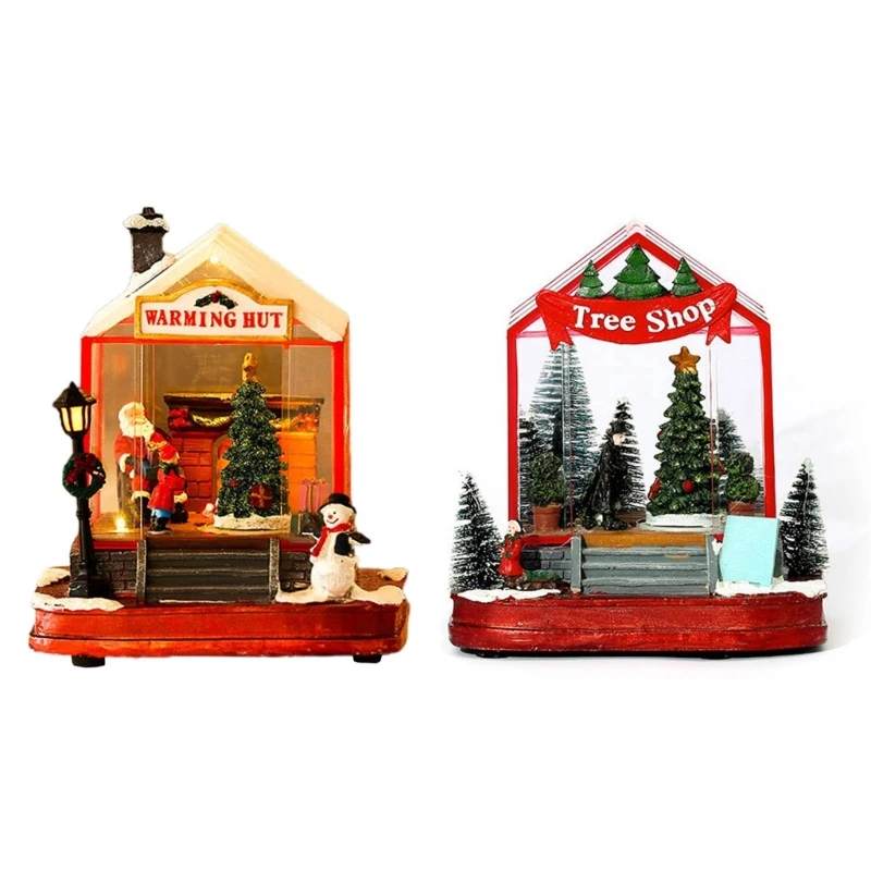 

Christmas Village House Figurine with Rotating Train and Wind Players USB and Battery Power Great Gifts Decorations