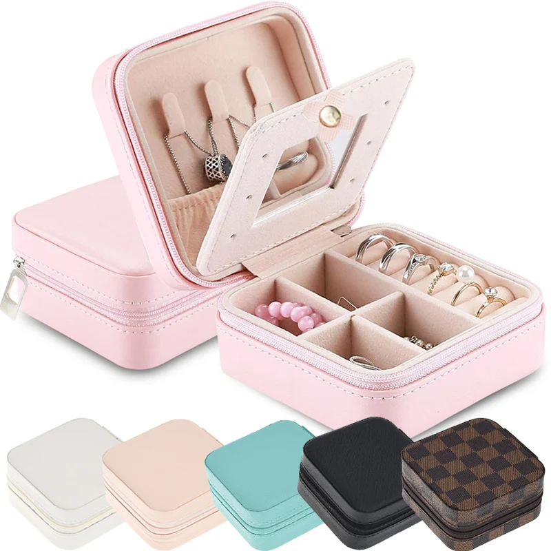Jewelry Organizer PU Leather Storage Box With Mirror Travel Portable Earring Holder Display Flannel Jewelry Box Women Girl Gift