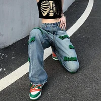 street hip hop style vintage jeans embroidered men and women do old washed casual loose wide leg straight pants fashion trousers