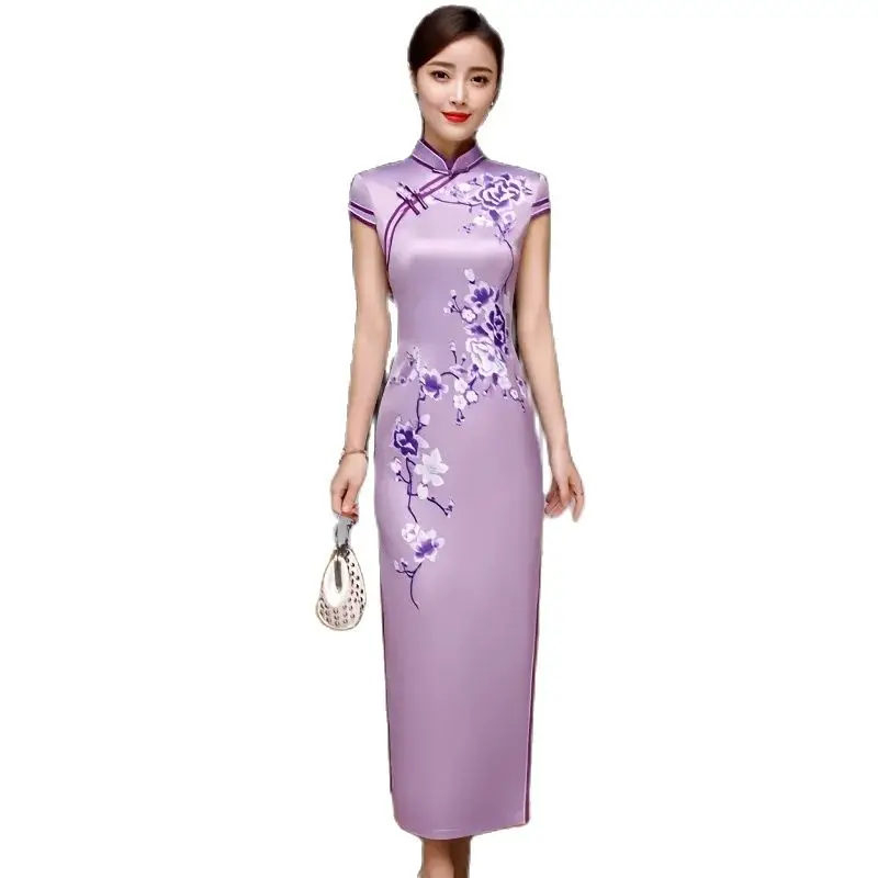 Женское шелковое платье-Ципао с разрезом длинное повседневное приталенное