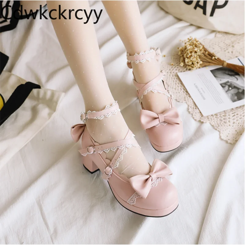 

Туфли женские с круглым носком, высокий каблук 5 см, Студенческая обувь принцессы, с бантом-бабочкой, размеры 30-48, весна-осень