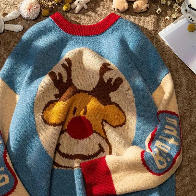 

Dropshipping Japanese Christmas Sweater Cartoon Deer Knitted Sweater Women O Neck Casual England Style Pullovers Winter Jumpers