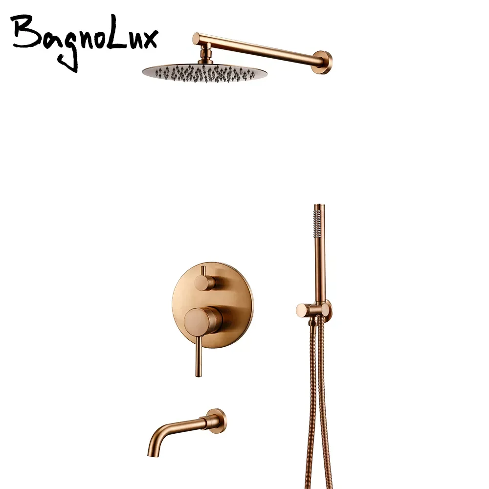 

Brushed Rose Gold Brass Hot Cold Water Concealed Rainfall Head Single Handle Mixer Bathroom Tap Bathtub Shower Faucets