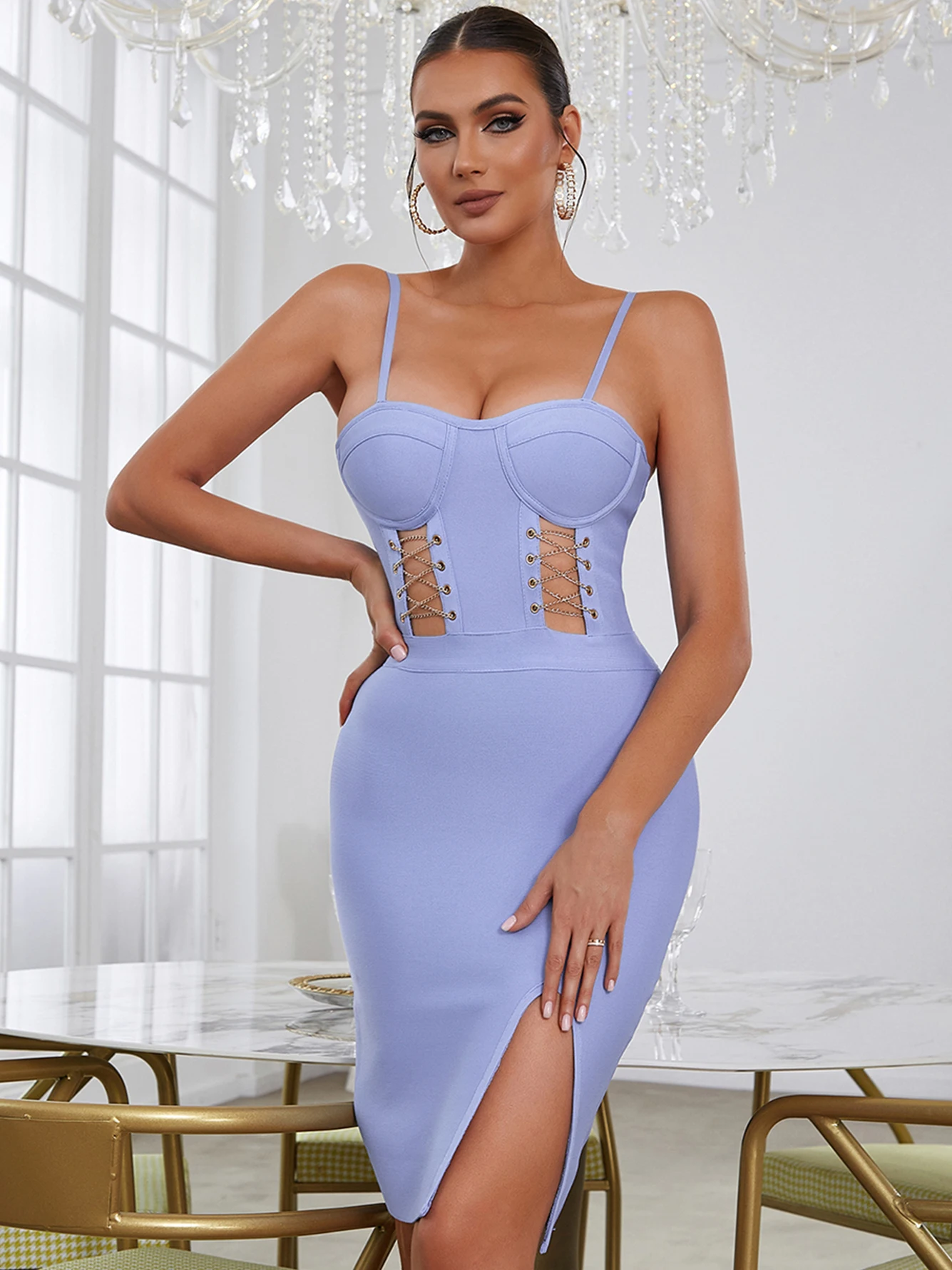 Adyce Spaghetti Strap Violet Bandage Dress Summer Sexy Hollow Out Chains Evening Celebrity Runway Night Club Party Women's Dress
