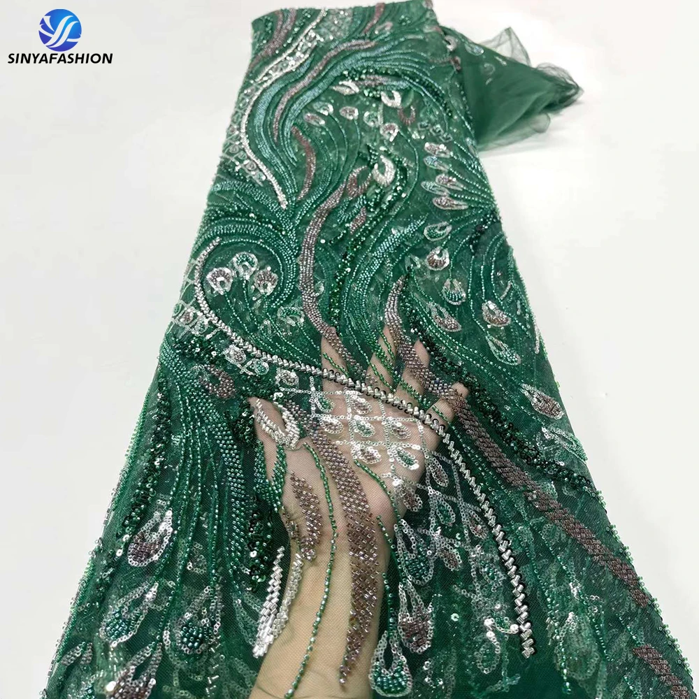 

Sinya New Design Heavy Beads Tulle Mesh African High Quality Lace Fabric With Beads And Sequins Wedding Bridal Dress