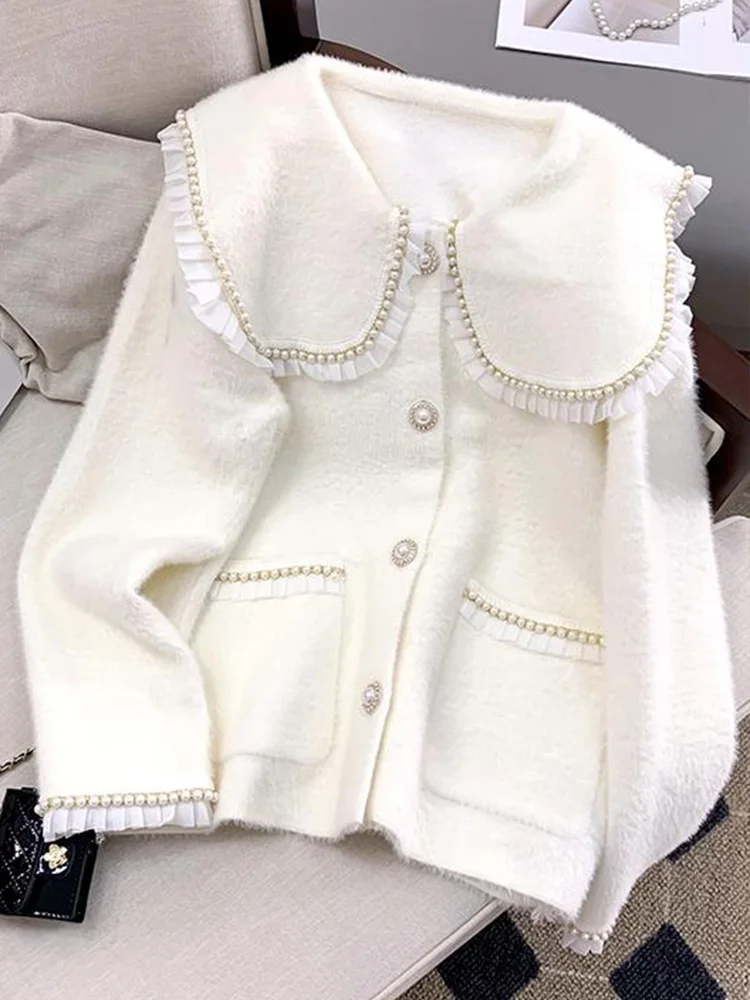 

Luxury Elegant Pearl Buttons Lace Trim Neck Coat Jacket Women Knited Jackets Cardigan European Style Outwear Autumn Winter 2023