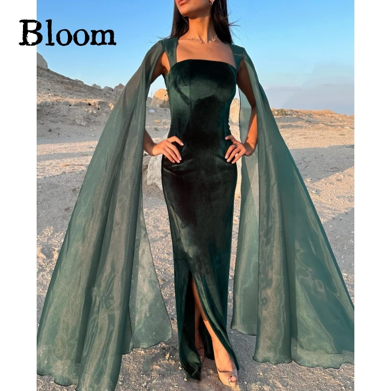 

Bloom Dark Green Velvet Prom Dresses Wide Shoulder Strap Organza Cap Sleeves Evening Dresses Wedding Party Dress vestidos de