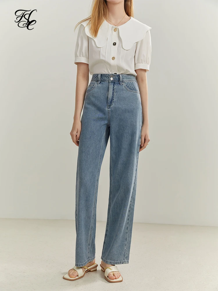 

FSLE Embroidered High Waist Women Jeans Straight Wide Leg Slim Thin Denim Blue Design Sense Female Jeans 2022 Summer New Pants