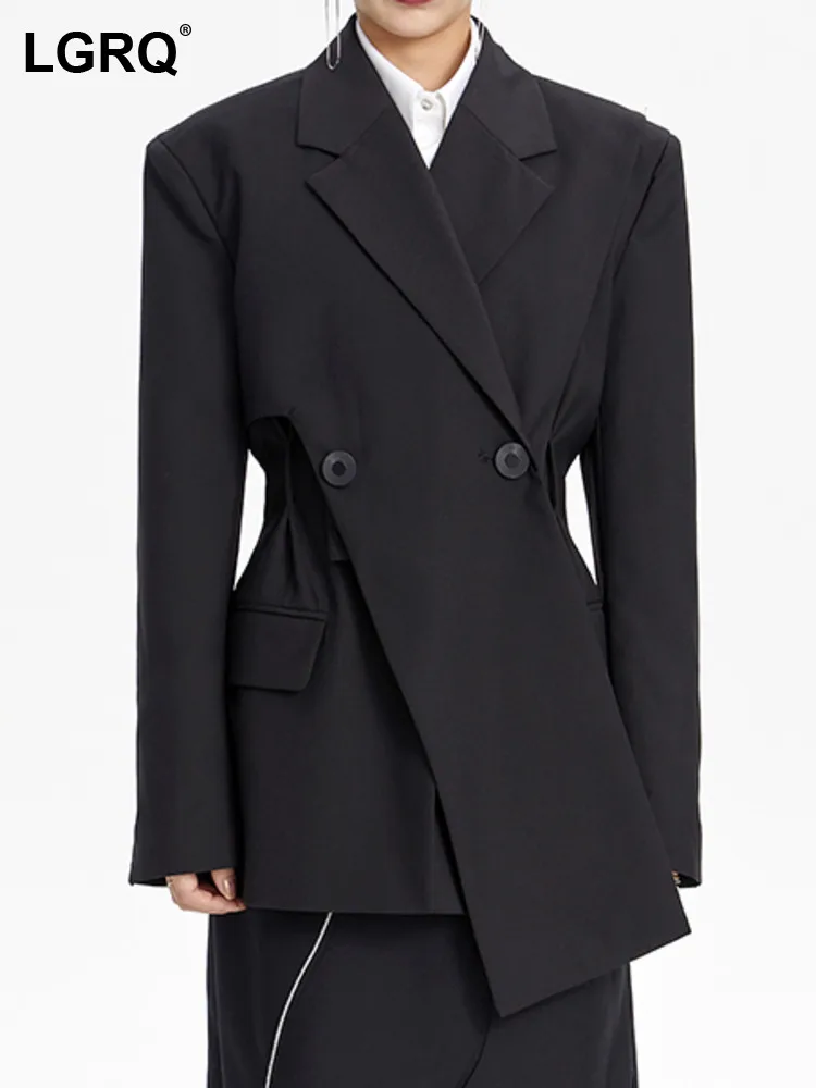 

LGRQ 2023 Autumn New Fashion Women's Blazer Irregular Crossing Folds Waist Notched Collar Long Sleeve Black Suit Jackets 17A3034