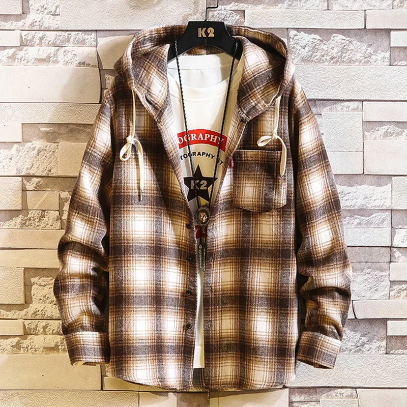 

Men Plaid Splicing Hoodie Mens Fashion Streetwear Classic Flannel Long Sleeve Hooded Shirts sudaderas hombre