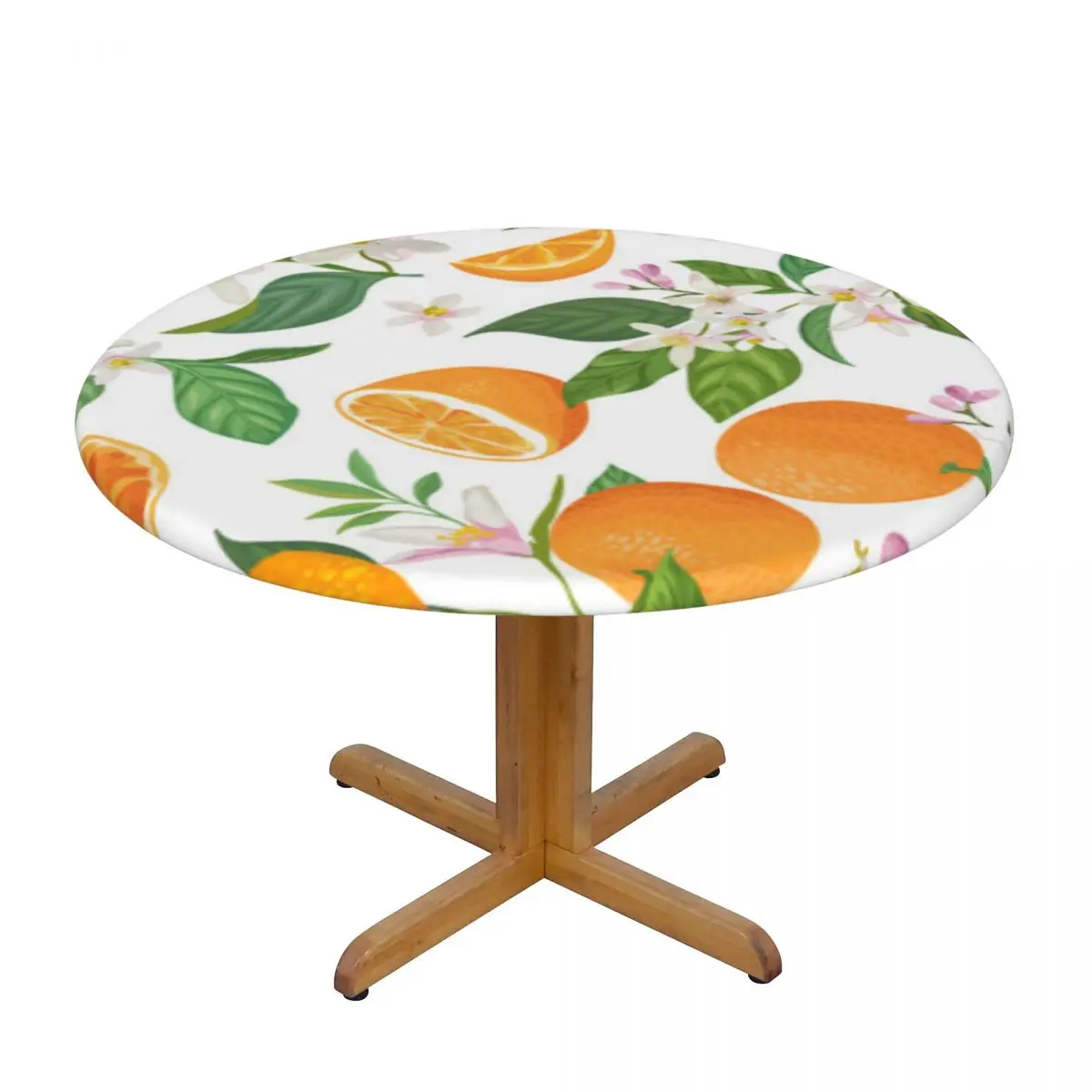 

Orange With Tropic Fruits Waterproof Polyester Round Tablecloth Catering Fitted Table Cover with Elastic Edged