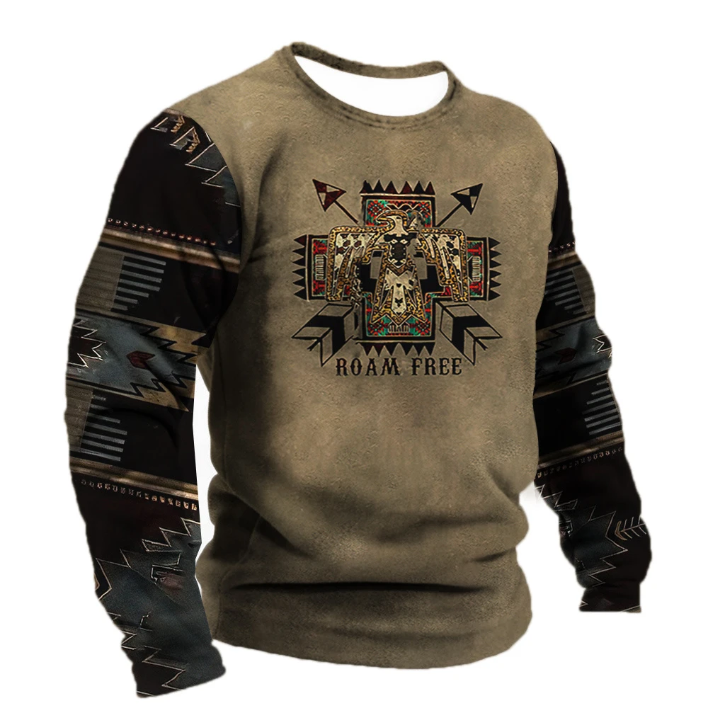 

Men's loose cotton casual T-shirt, vintage ethnic print sweater, Harajuku 3D winter clothing, new hot in 2023