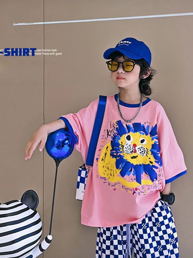 

Cotton Children's Clothing Contrast Color Short-sleeved T-shirt Boys Summer Children's Cartoon Printing Round Neck Shirt Trendy