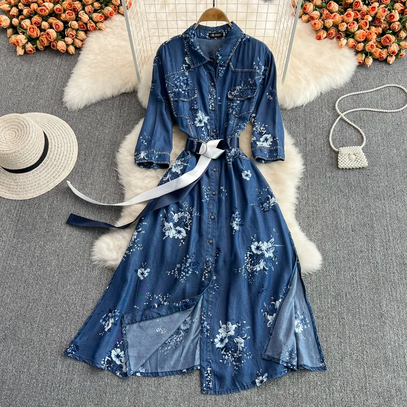 

New Women's Tencel Denim Dress Mid-length Waist Slimming Printed Single-breasted Lapel A-line Dress