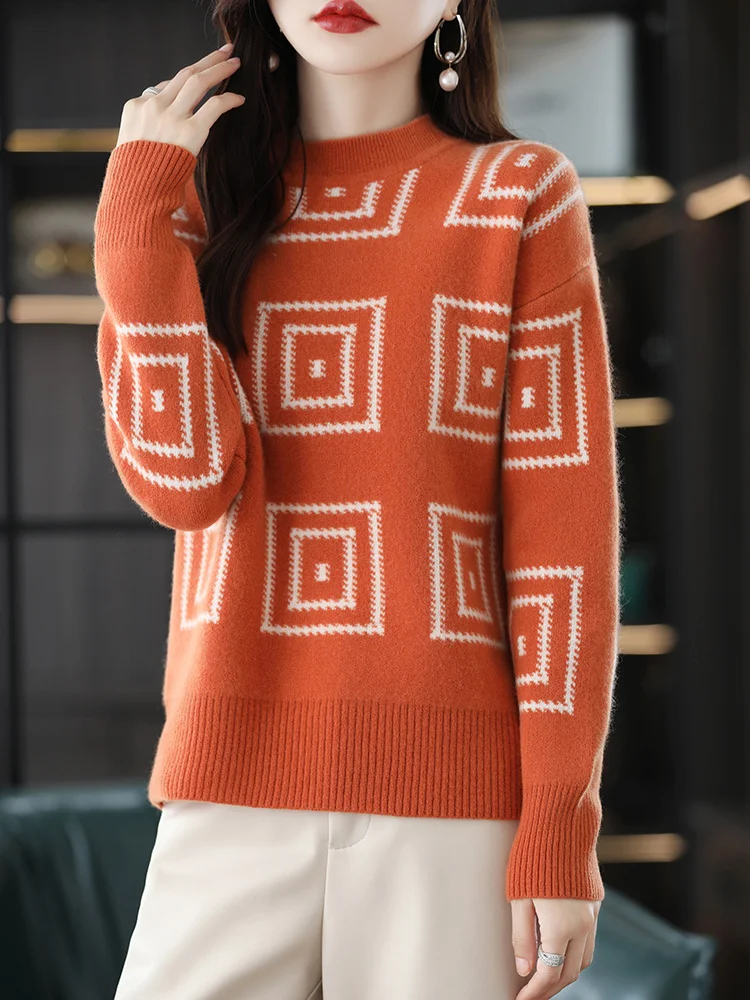 

Autumn Winter Women's Knitwear Thicken Warm Sweater 100% Worsted Wool Fashion Round Neck Pullover Warm Loose Square Pattern Tops