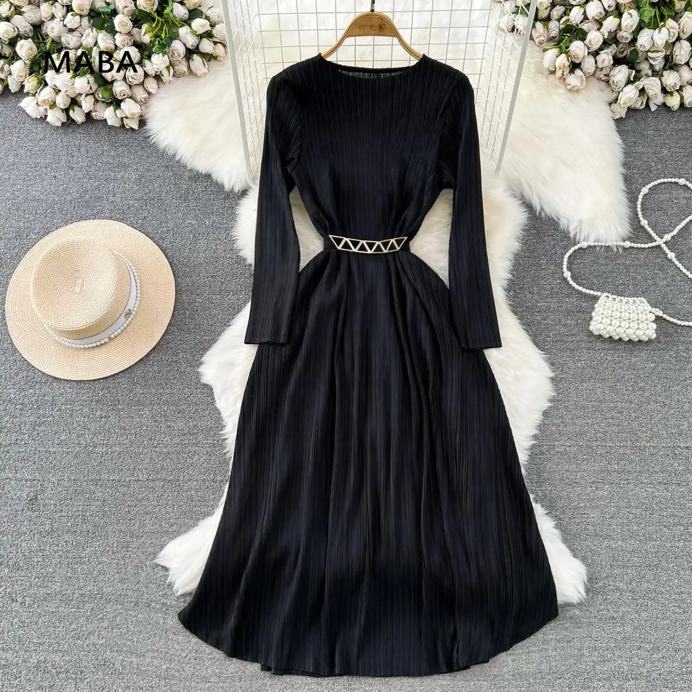 

Женское длинное платье с поясом, элегантное черное Свободное платье с круглым вырезом, Эксклюзивное Платье-стрейч с поясом для осени, 2023