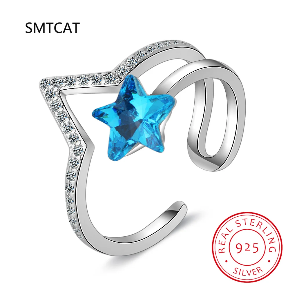 

Stylish Simple V Shape Genuine 925 Sterling Silver Star Blue Crystal Rings for Women Wedding Statement Jewelry Finger Ring