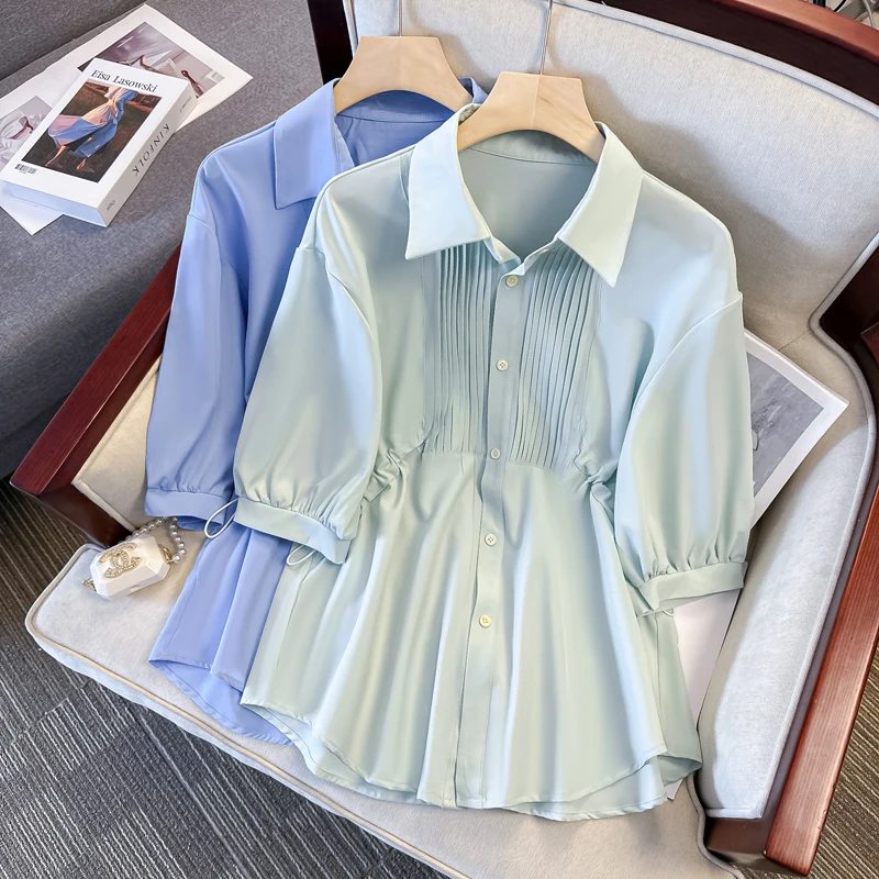 

Women's Korea Casual Blouse Summer Fashion Short Sleeve Empire Waist Pleated Elegant Shirt Office Lady Versatile Chic Daily Tops