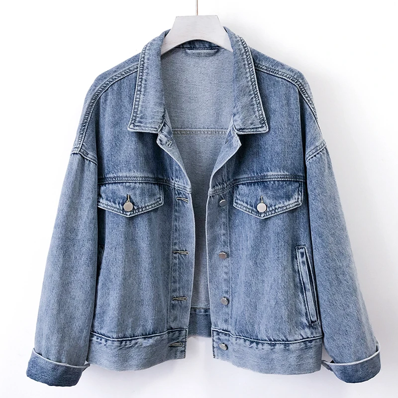 

Korean Vintage Wash Blue Denim Jacket Women Spring Loose Short Cowboy Outerwear Long Sleeve Big Pocket Jeans Jacket Coat Female
