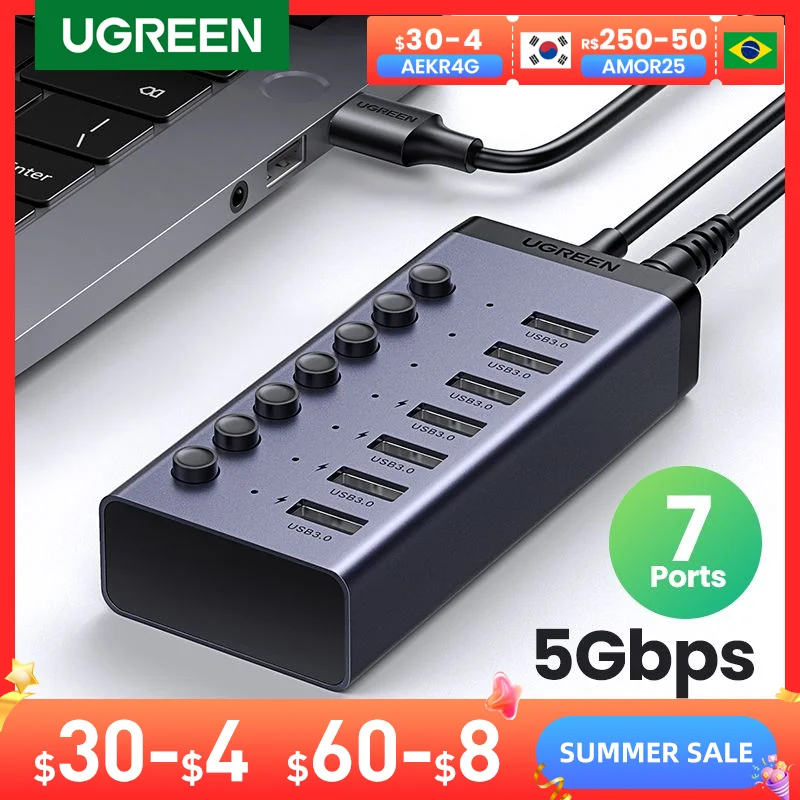 UGREEN USB C Hub 5Gbps 7 Ports USB3.0 Splitter with Individual OFF/ON Switch LED Indicator  for PC Laptop MacBook Pro/Air