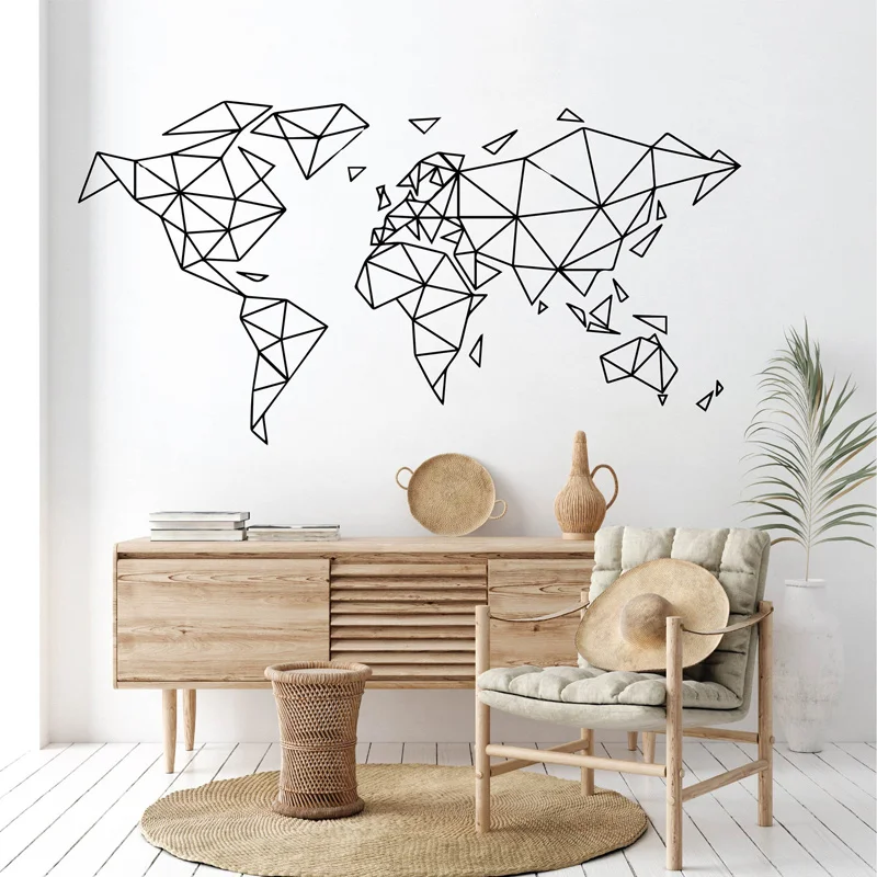 Фото Геометрическая карта мира линия виниловая настенная наклейка искусство