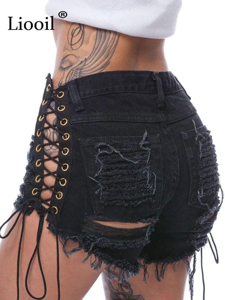

Шорты Liooil женские рваные из денима, пикантные Клубные скинни на шнуровке, с заклепками, на пуговицах, черные короткие джинсы