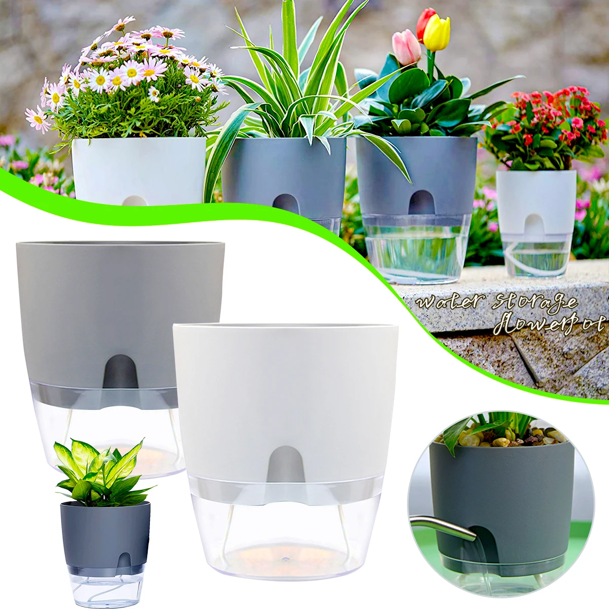 2 Layer Watering Planter Lazy Self Watering Pot Automatic Succulent Container for Flower Plant Indoor Supplies White Gray