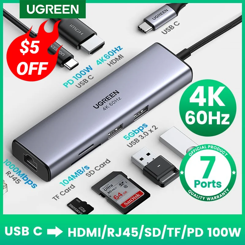 

UGREEN USB C HUB 4K 60Hz Type C to HDMI 2.0 RJ45 PD 100W Adapter For Macbook Air Pro iPad Pro M2 M1 PC Accessories USB 3.0 HUB