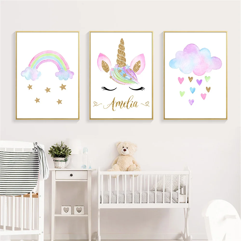 

Child Nursery Canvas Print Unicorn Custom Name Poster Painting Cloud Rainbow Art Prints Nordic Wall Pictures For Kids Room Decor