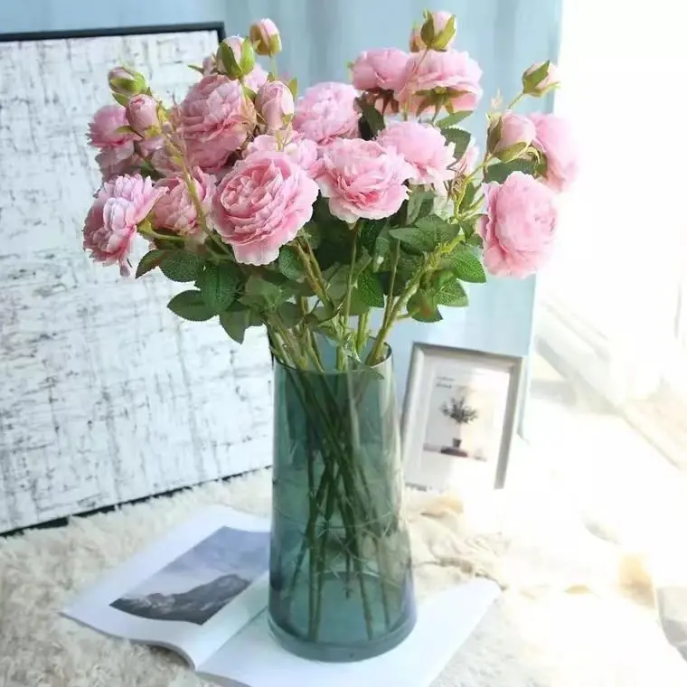 

10 branches mounted three heads rose simulation Artificial flower peony false peony dried flower living room table decoration