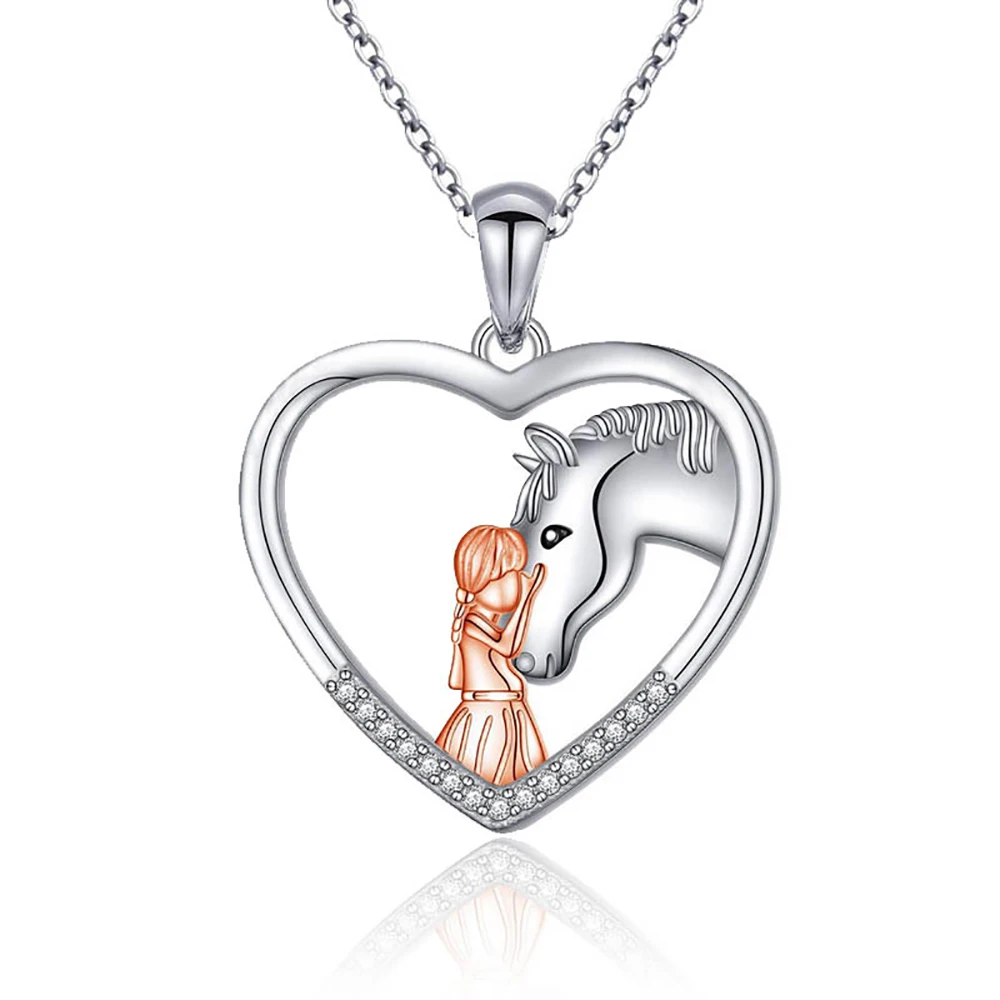 

Copper Heart Girls&Horse Necklace Animal Pendant Fashion Christmas Mother's Day Jewelry Gifts For Women Mom Teen Girls Friends