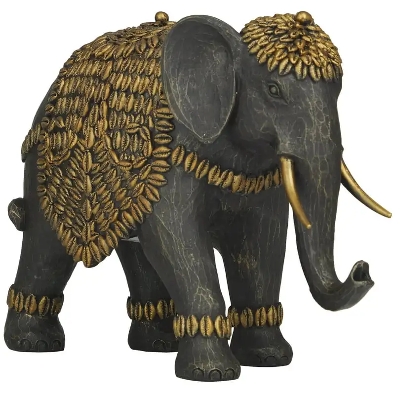 

x 9" Black Polystone Elephant Sculpture with Cowrie Shell Carvings, by