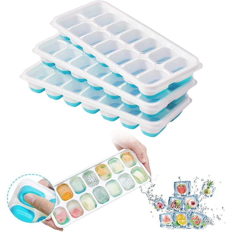 

3-pack Silicone Ice Cube Trays with Lid 14 Holes DIY Ice Cube Maker Pudding Mold for Summer Home Bra Ice Cube Mould