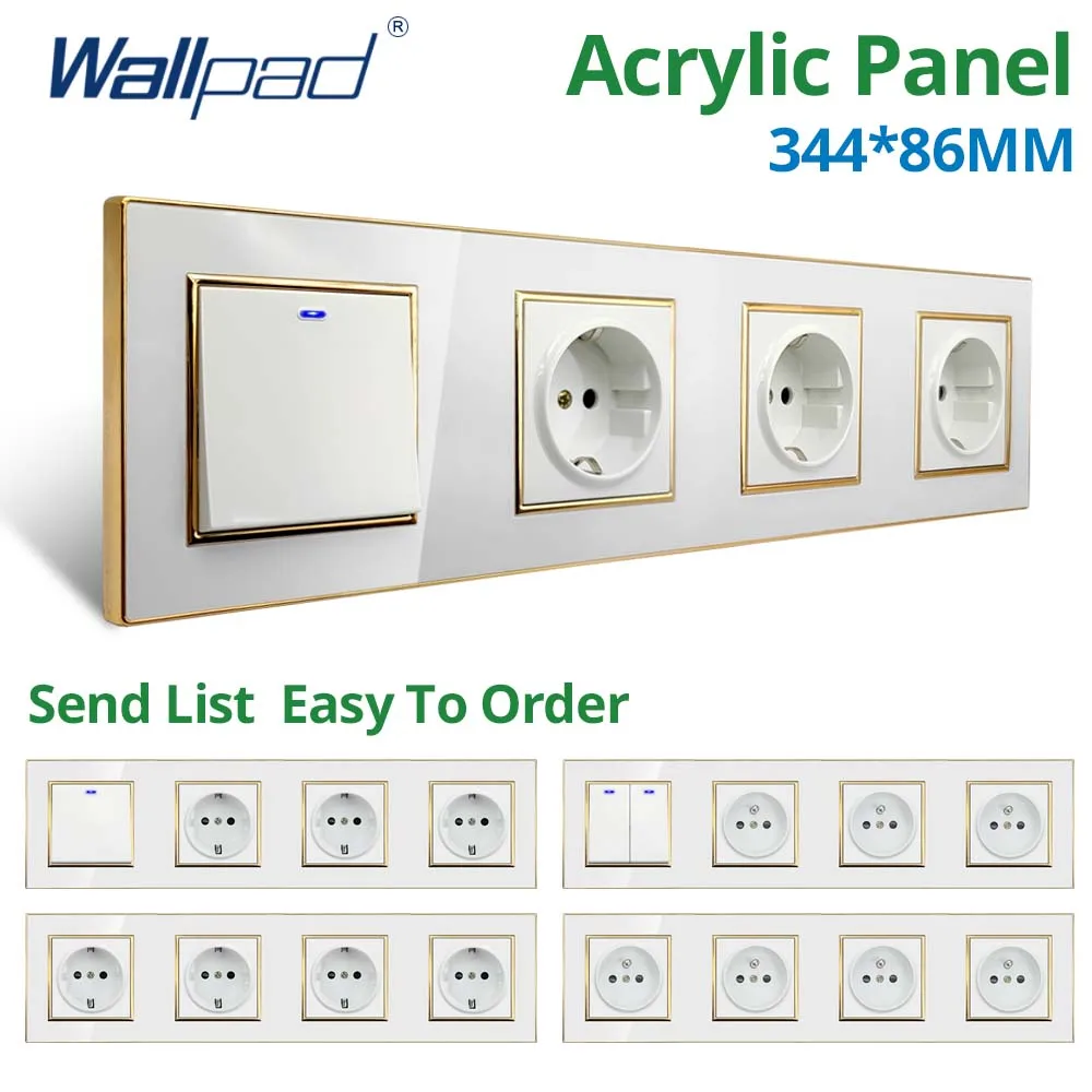 

Wallpad White Acrylic Panel Gold Border Wall Light Switch With LED Indicator EU Socket 1 2 3 Gang 2 Way 344*86mm