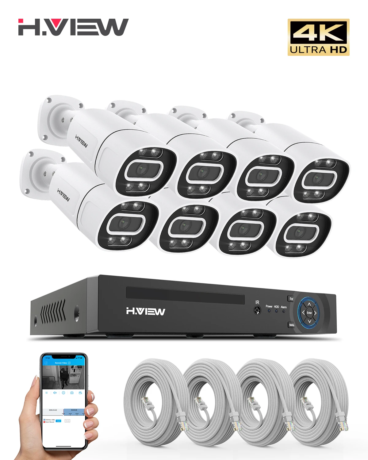 H.View Cctv Security Camera System Home Video Surveillanc 8Ch 4K 5Mp 8Mp Kit Ai Audio Outdoor Ip secur Camera Poe xmeye app Nvr