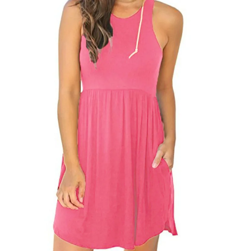 Однотонное летнее платье на бретелях без рукавов, новинка 2023, сексуальный женский сарафан с открытой спиной, повседневное ТРАПЕЦИЕВИДНОЕ мини-платье с карманами, модное пляжное GV178 Однотонное летнее платье на бретелях без рукавов, новинка 2023, сексуальный женский сарафан с открытой спиной, повседневное ТРАПЕЦИЕВИДНОЕ мини-платье с карманами, модное пляжное GV178