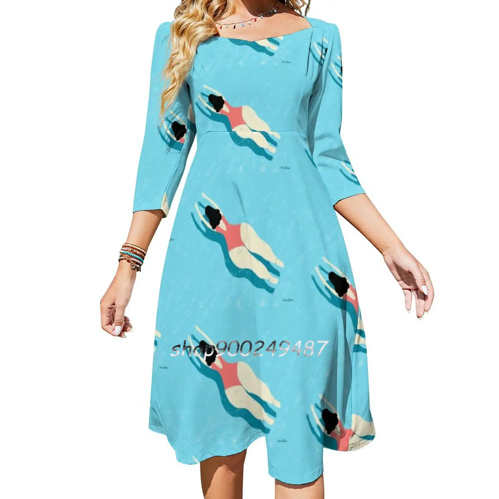 

Summer Day Square Neck Dress Sweet Summer Dress Women Elegant Halter Print Dress Hot Summer Day Spring Friendly Fun Happy Love