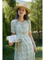 ziqiao women dress green ink painting abstract print chiffon summer 2022 new niche style temperament female long skirts