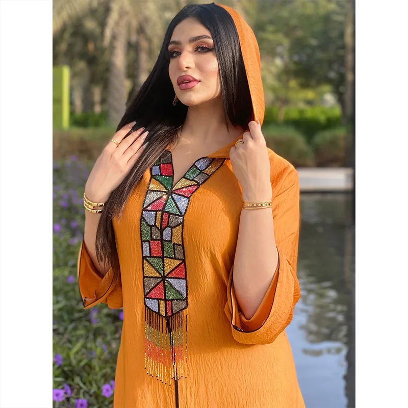 Middle East Muslim Women's Diamond Tassel Hooded Arab Robe Abaya Dubai Jalabia Dress Robe Femme Musulmane Abayas For Women