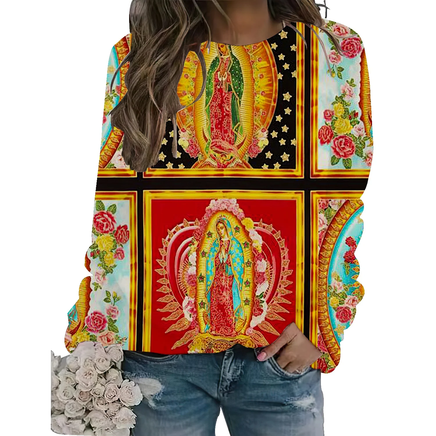 

Свитер от ветра в американском стиле колледжа, Женский Осенний Свободный пуловер с круглым вырезом и принтом в виде религиозных ангелов, по...