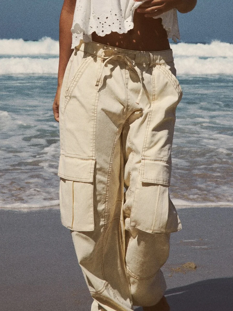 

Женские хлопковые брюки-карго в стиле бойфренда с прострочкой и карманами, свободные брюки с поясом и шнуровкой на подоле, уличная одежда, длинные брюки 2023