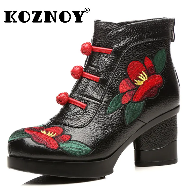 

Koznoy 7cm Embroider Flower Cow Genuine Leather Ethnic Knot Autumn Plush Warm Fur Winter Women Fashion Females Mixed Color Shoes