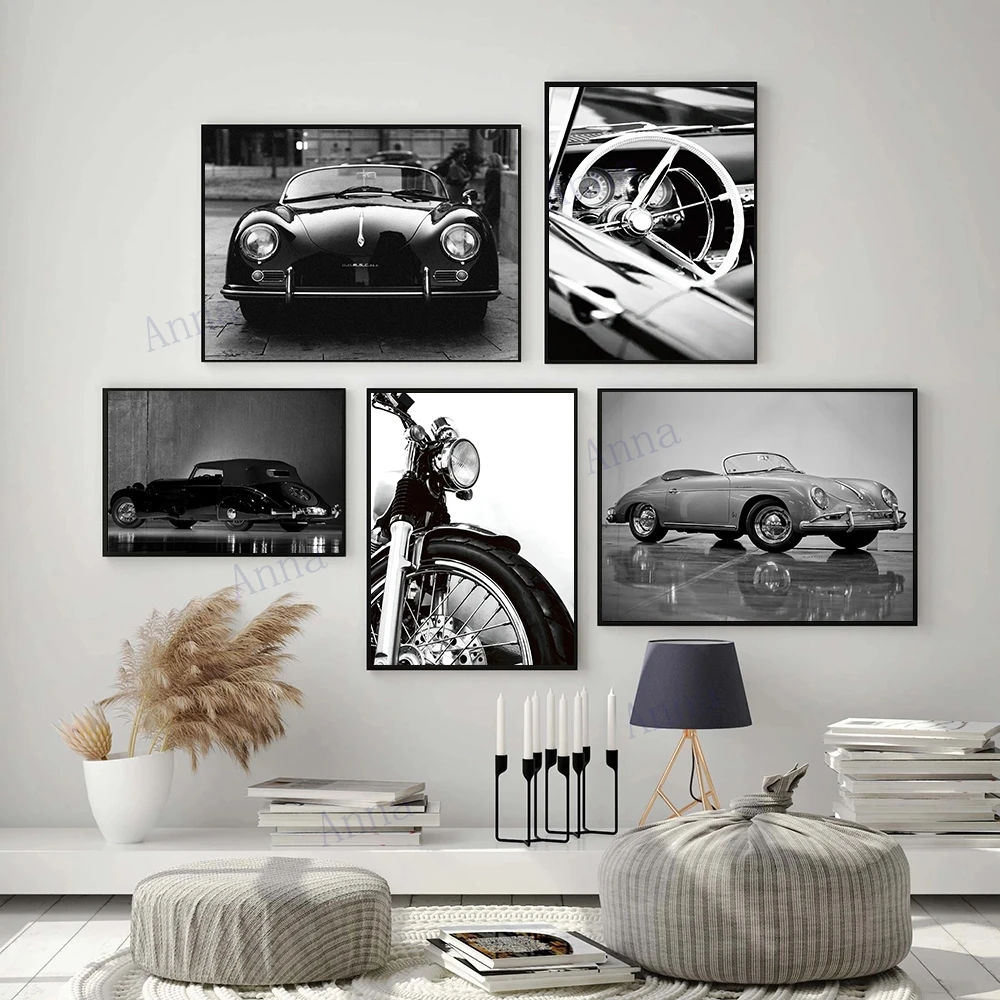

Винтажная Классическая черно-белая старинная для Porsche Автомобильная фотография плакат Холст Картина автомобиль фотография украшение